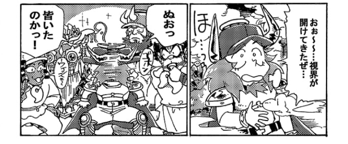 「視界が開けてきたぜ」ほっと安堵の息をつくオージン。ふと見渡すと、「ぬおっ！　皆居たのか！」他の運転神が集まっていた。ディーゼルエンジンの吐き出すPM2.5は社会問題！警告灯が点灯したら、早めに点検をしましょうね！